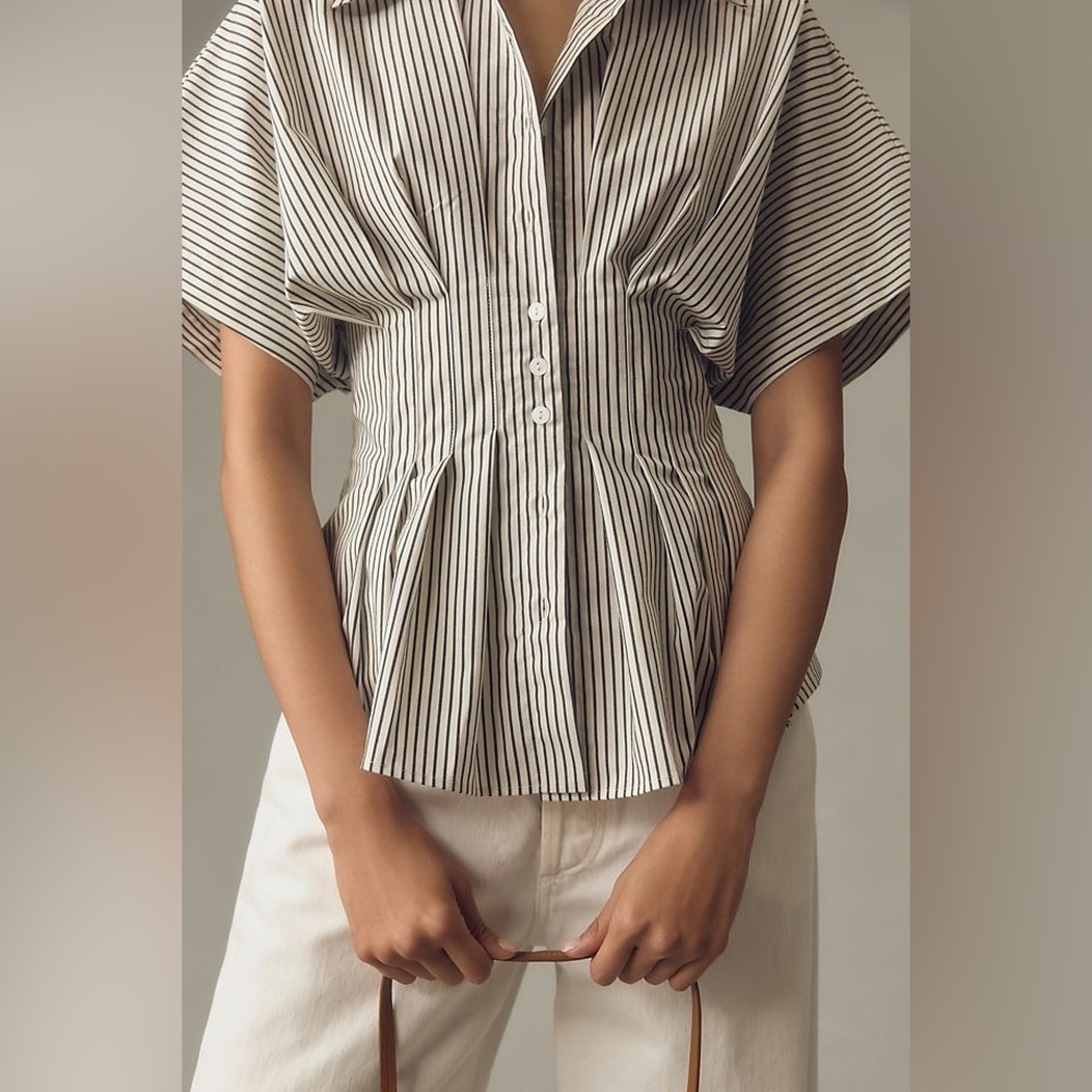 Anthropologie :: The Tobie Pleated Blouse :: Exquise short sleeve striped sz 3X
